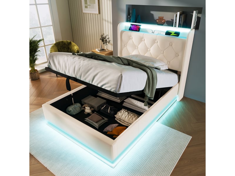  Lit coffre simple 90x200 cm avec led et rangements, pu, blanc, sans matelas  - Conforama W
