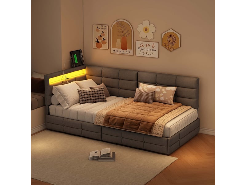  Lit jeune 90x200 avec rangement, lit simple pour adolescent avec led et usb lit banquette avec 2 tiroirs et tête de lit rembourrée gris lin, sans matelas  - Conforama B