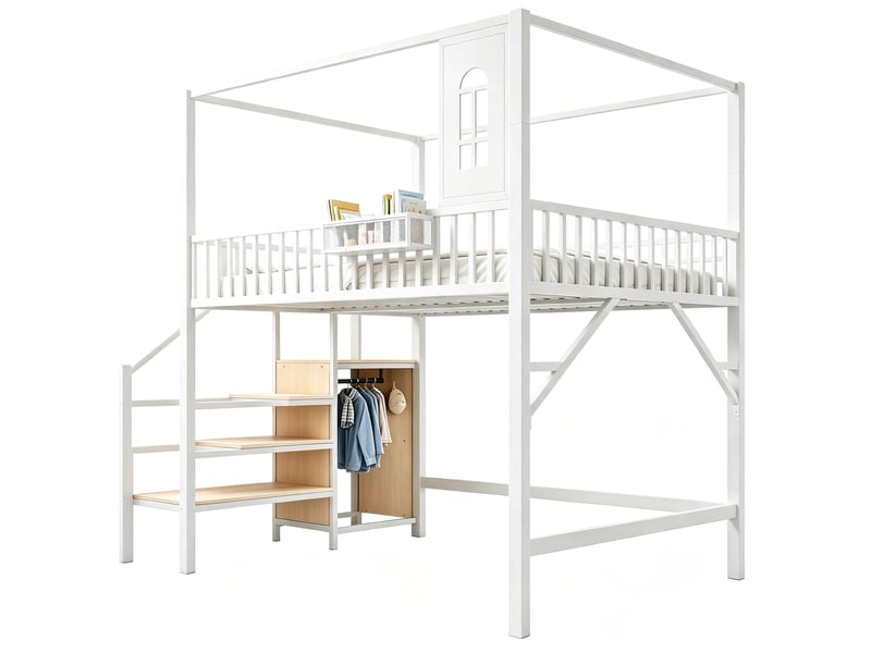  Lit mezzanine 140 x 200 cm en métal, structure toit, échelle avec rangement et penderie, espace inférieur polyvalent evarich - Conforama A
