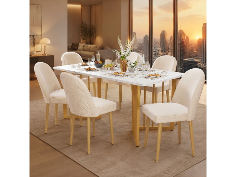  Chaises de salle à manger lot de 6 à dossier incurvé  - pieds antidérapants velours métal doré beige  - Conforama B