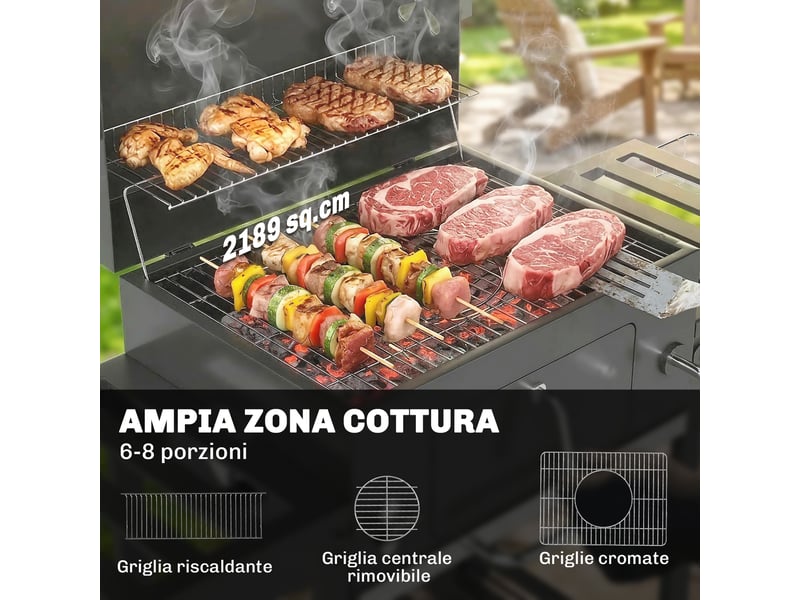  Barbecue à charbon sur roulettes avec grille réglable, thermomètre et tables pliantes  - Conforama R
