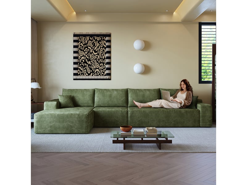  Canapé d'angle modulable 4 places en velours côtelé vert, 340 x 175 x 83 cm, méridienne gauche, sans montage, livré compressé, assise profonde CARDUME ESTIVAL - Conforama E
