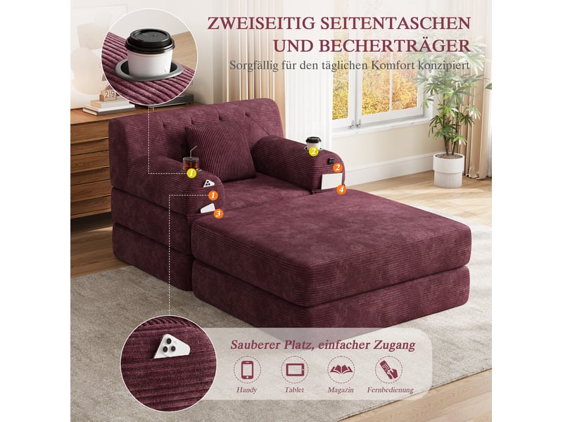  Canapé droit convertible 1 place en cord rouge vin, dossier haut, 2 porte-verres, 4 poches, sans montage  - Conforama D