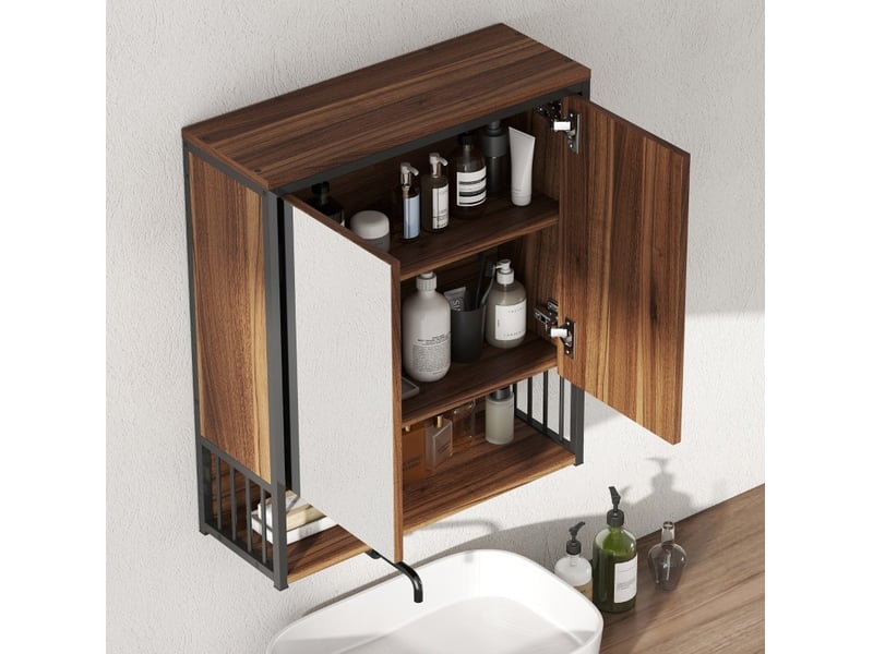 Armoire de toilette murale 56x20x65 cm – marron – 2 portes miroir à fermeture douce et rangement ouvert  - Conforama B