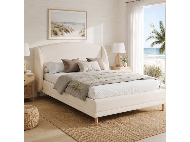  Lit 140x190 cm en tissu bouclé blanc ivoire, tête de lit à oreilles et sommier à lattes  - Conforama B