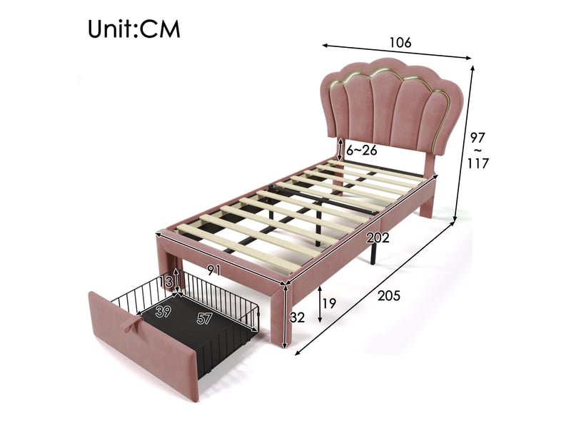  Lit enfant 90x200 rose en velours avec led, tête de lit réglable motif floral et tiroir de rangement  - Conforama C