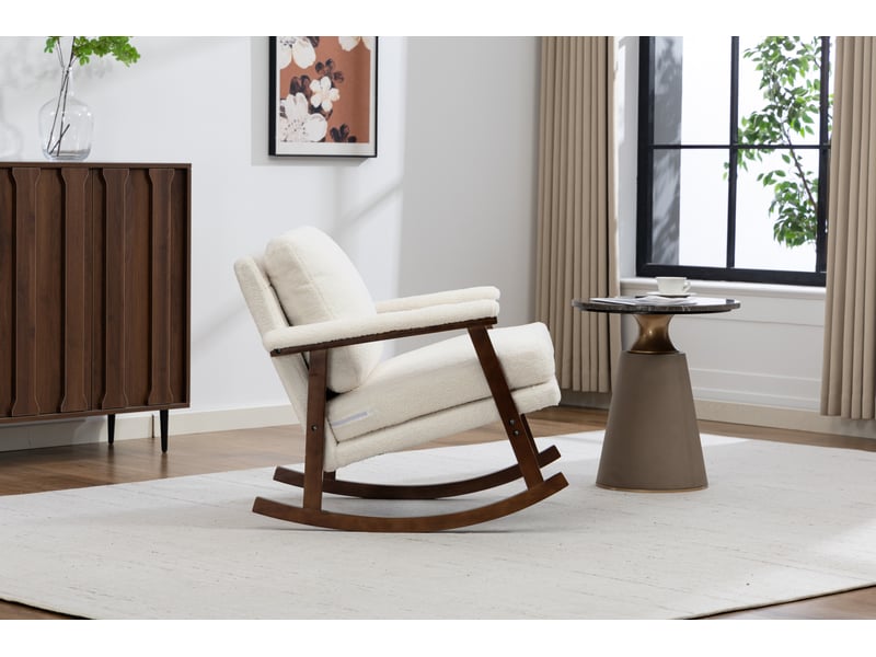  Fauteuil à bascule style mid-century en velours blanc avec structure en bois  - Conforama D