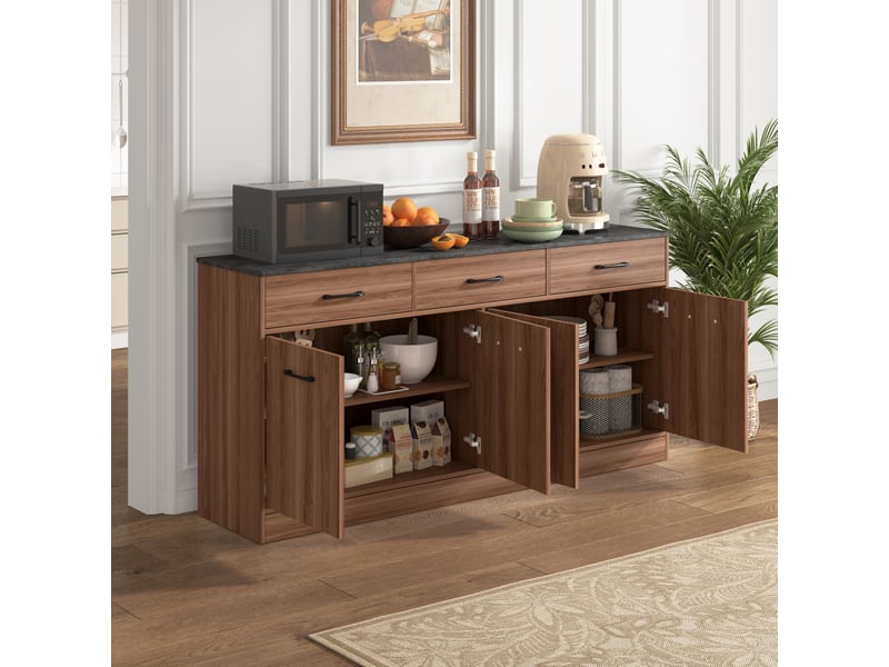 Buffet large 160 cm pour cuisine ou salon, hauteur 76,5 cm, profondeur 37 cm, avec 3 tiroirs et rangements - Conforama R