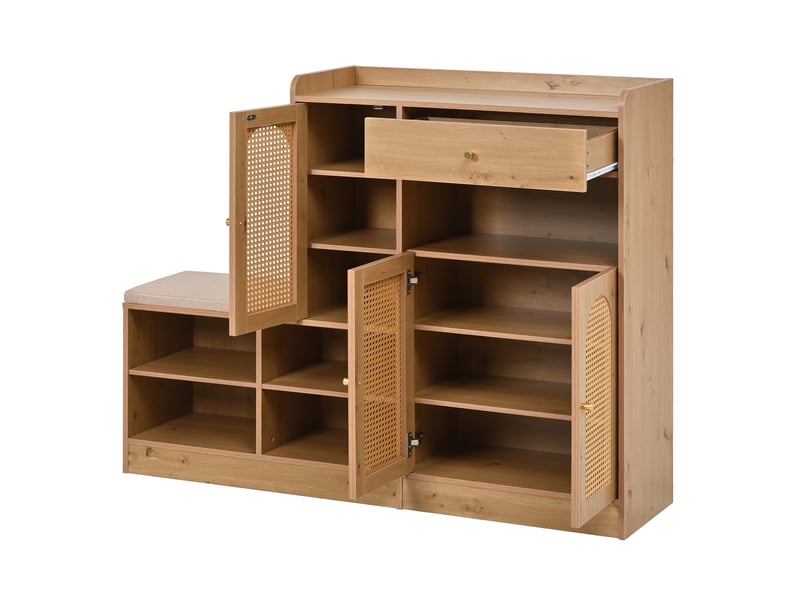  Banc à chaussures oslo bois 142x35x110 cm, 3 portes rotin, tiroir &amp; assise rembourrée  - Conforama D