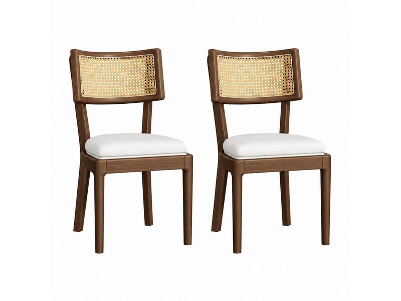 Lot de chaises 2 chaises assises confortables chaise repas structure en bois massif dossiers en rotin assises respirantes revêtement en lin teinte noyer coloris beige style moderne - Conforama A