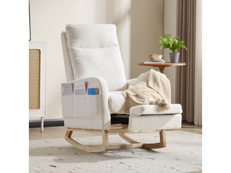 Fauteuil à bascule ergonomique en polaire douce et confortable, avec dossier haut, base en bois incurvée, blanc, réf. T6011p603662 - Conforama A