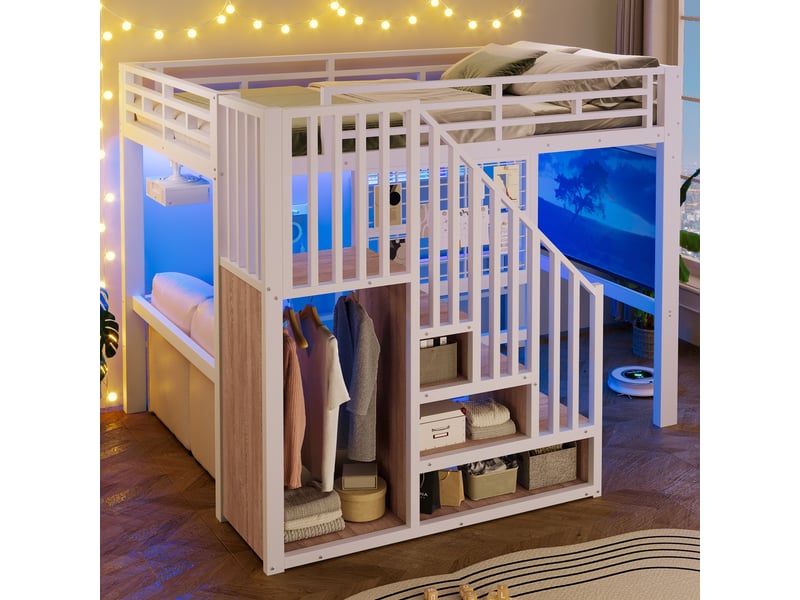 Lit jeune - avec rangement - avec éclairage led - matelas non inclus - gain de place - couchage 140x200 cm 204x191x170cm - Conforama D