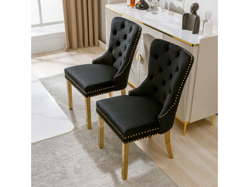 Lot de 2 chaises de salle à manger velours noir avec anneau au dos et pieds en acier inoxydable doré  - Conforama B