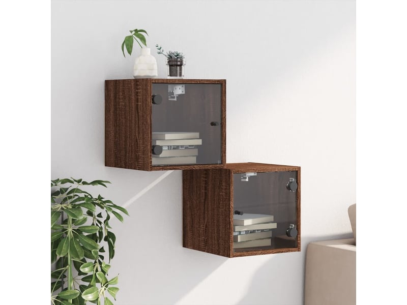  Lot de 2 tables de chevet - cabinet de chevet - table de nuit et portes vitrées chêne marron 35x37x35cm  - Conforama B