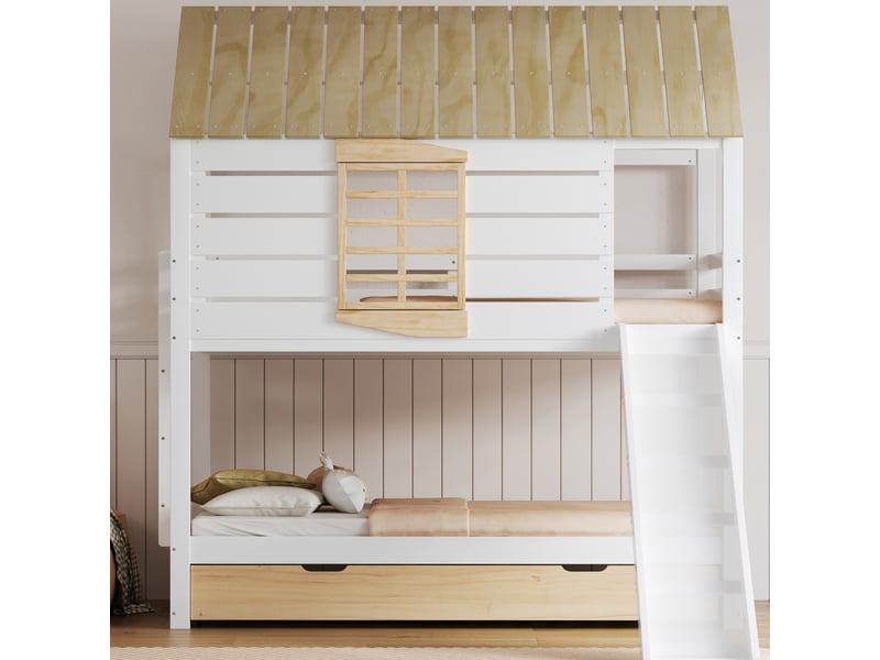  Lit superposé cabane 90x200 cm avec toboggan et lit gigogne  - Conforama D