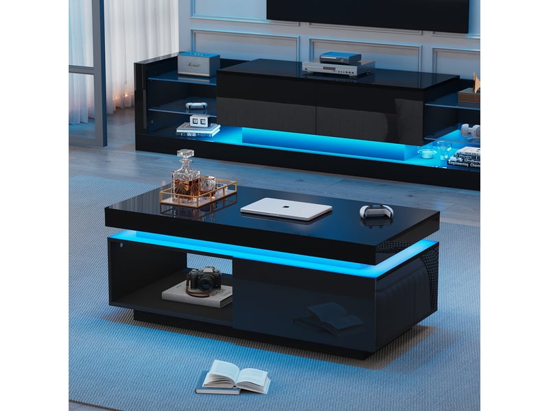  Table basse noire brillante avec éclairage led, 100x50x40,3 cm, table de salon moderne avec tiroir de rangement, charge 50 kg  - Conforama D
