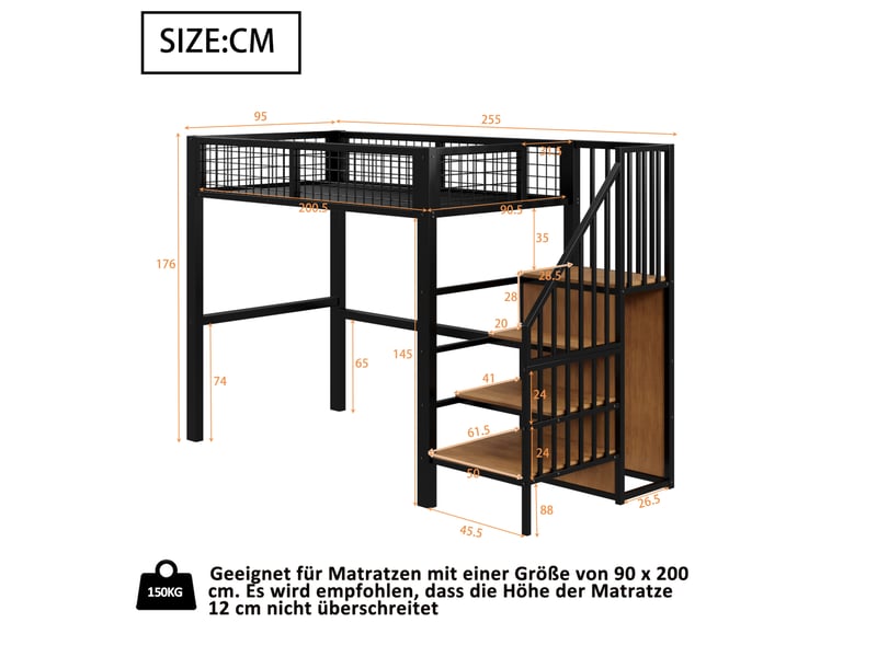  Lit mezzanine enfant 90 x 200 cm avec échelle, rangements et armoire, noir  - Conforama C