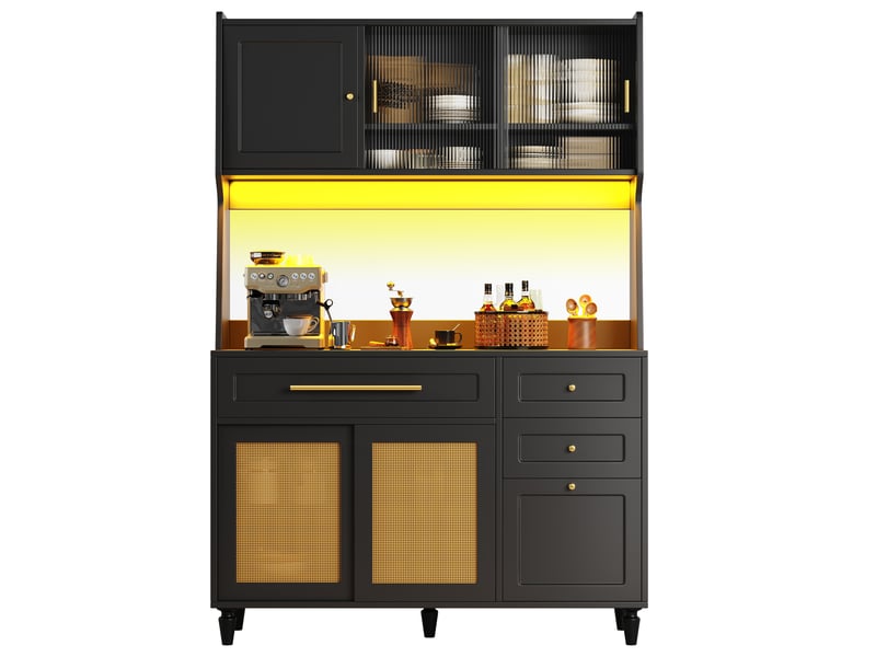 Buffet cuisine 4 portes et 3 tiroirs, 120 x 45 x 195,5 cm, éclairage led, étagères réglables et façades tressées, mdf, noir Morn Vibe - Conforama A