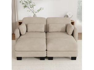 Canapé droit modulable 2 places avec 2 ottomanes en tissu chenille café clair