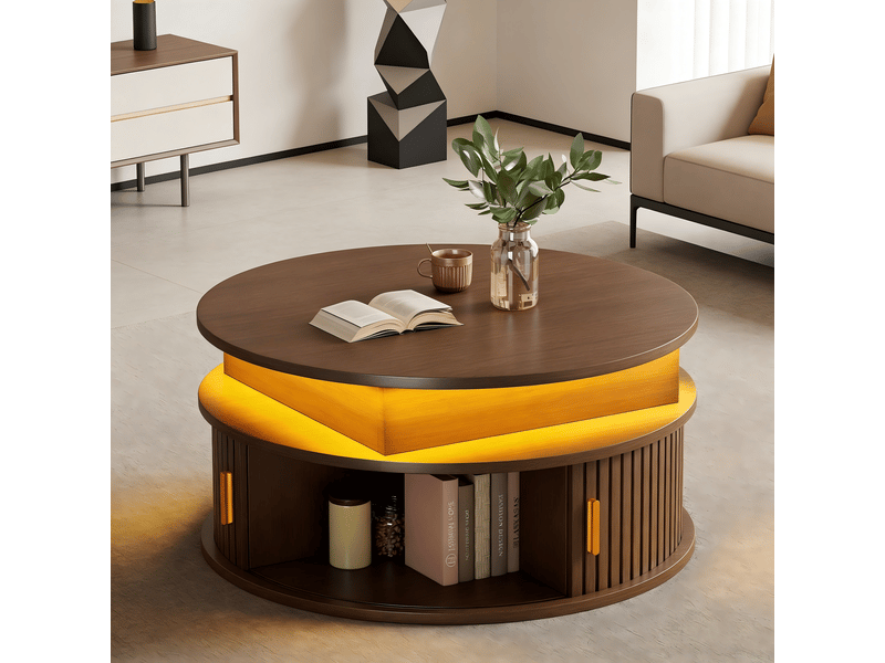  Table basse réglable en hauteur (75 x 75 x 52 cm), table d'appoint avec éclairage led, table basse ronde, table à thé avec deux portes coulissantes, table couleur noyer avec espace de rangement dissimulé  - Conforama B
