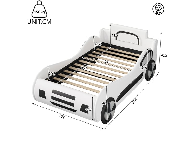  Lit enfant style voiture 90 × 200 cm 1 place avec coffre hydraulique, sans matelas, en mdf et pu, blanc  - Conforama D