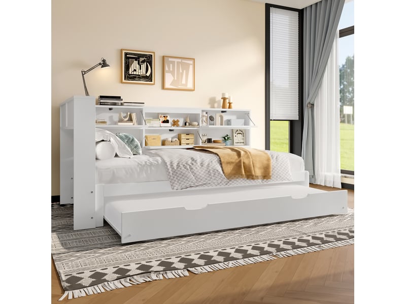Lit combiné 90x200 cm, bois et en mdf, lit gigogne, rangements en tête de lit, coloris blanc, sans matelas - Conforama E