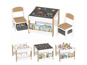 Ensemble 3 pièces table et 2 chaises pour enfant avec plateau réversible tableau noir, panier de rangement, étagères