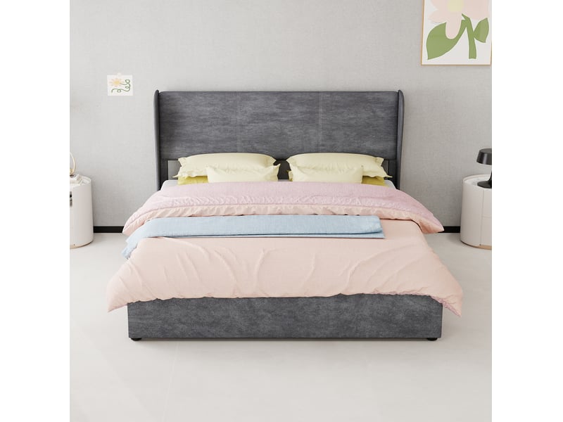  Lit coffre 160 x 200 cm gris avec tête de lit capitonnée en velours et vérins à gaz  - Conforama C