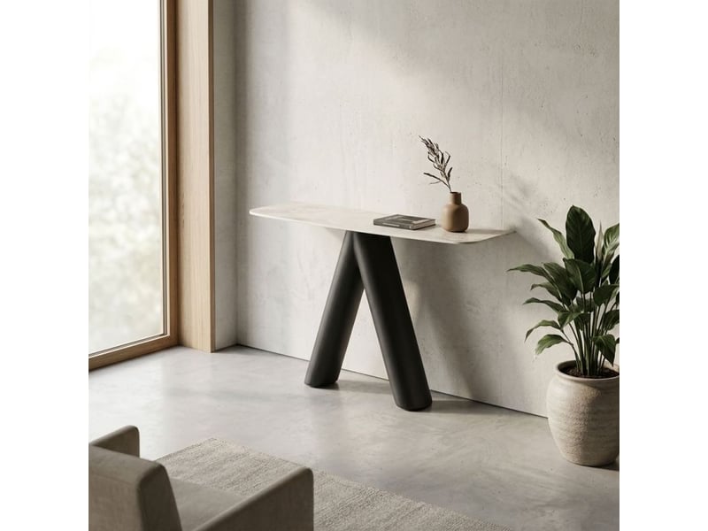  Console design l. 140 cm en céramique blanc marbré pied noir – satie  - Conforama E