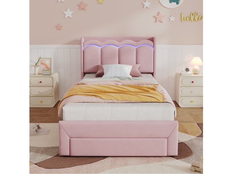  Lit enfant rembourré modenvie 90 x 200 cm rose avec tiroir, tête de lit ondulée, rangement et éclairage led connecté  - Conforama E