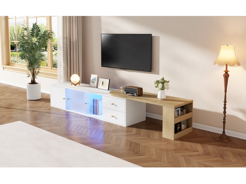  Meuble tv bas 175cm blanc et bois avec led et rangement – design moderne extensible  - Conforama D