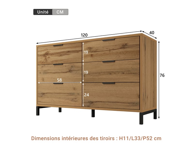  Commode tcqpz 6 tiroirs 120 x 40 x 76 cm chêne foncé métal style industriel  - Conforama C