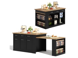 Îlot central avec table escamotable 150 cm, îlot de cuisine noir et bois, meuble de rangement mdf style européen