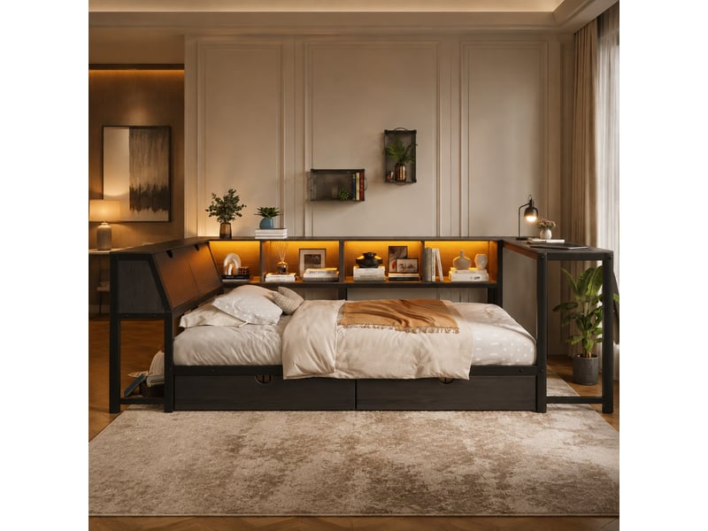  Lit simple 90x200 cm en métal et mdf noir avec bureau, rangement et led  - Conforama B