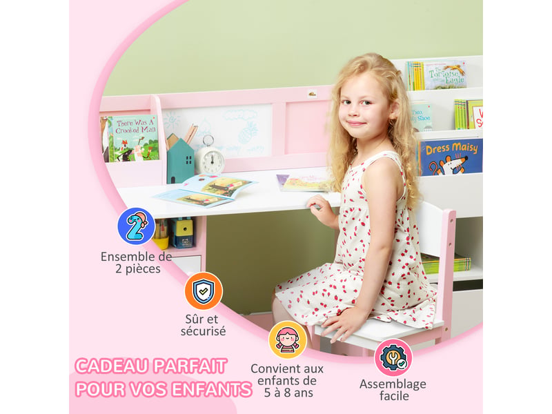  Ensemble table et chaise pour enfant avec tableau blanc - 90l x 45l x 85h cm rose - bureau pour enfant +5 ans  - Conforama R