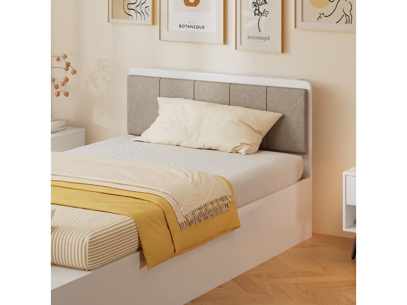  Lit enfant en bois 90x200cm - tête de lit rembourrée - avec 2 tiroirs et banc de bout de lit - blanc (sans matelas)  - Conforama W