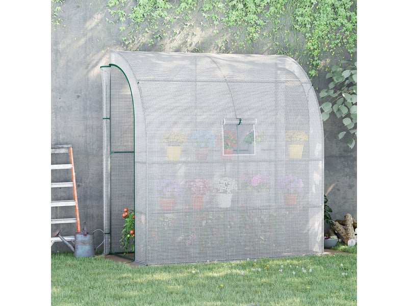  Serre adossée à 3 niveaux avec portes et fenêtres enroulables, pe et acier, 200 x 100 x 215 cm, verte et blanche  - Conforama C