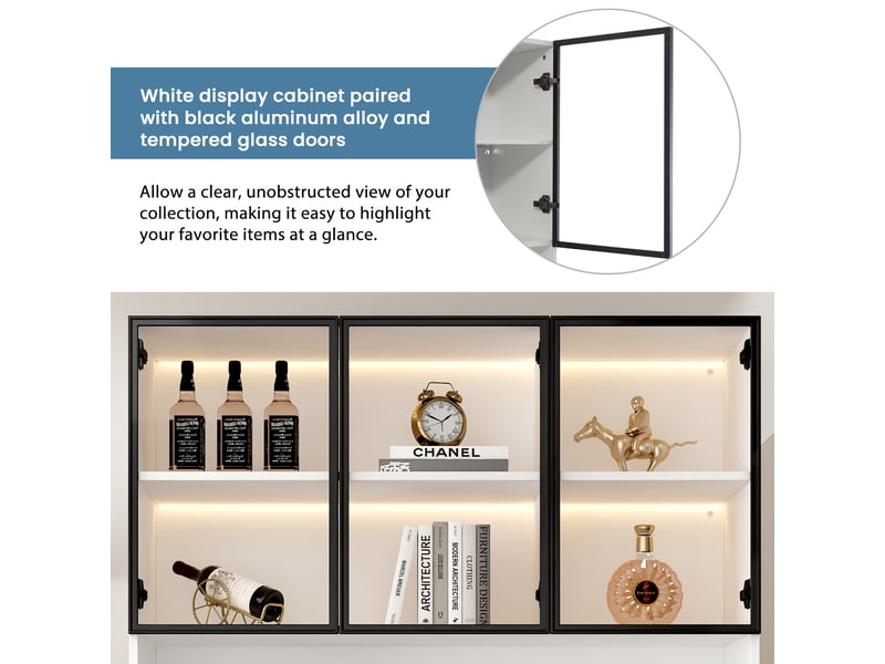  Vitrine en verre avec éclairage led 120 × 36 × 200 cm, 3 tiroirs centraux, portes vitrées et rangement dissimulé, meuble de salon blanc et fonctionnel CARDUME ESTIVAL - Conforama E