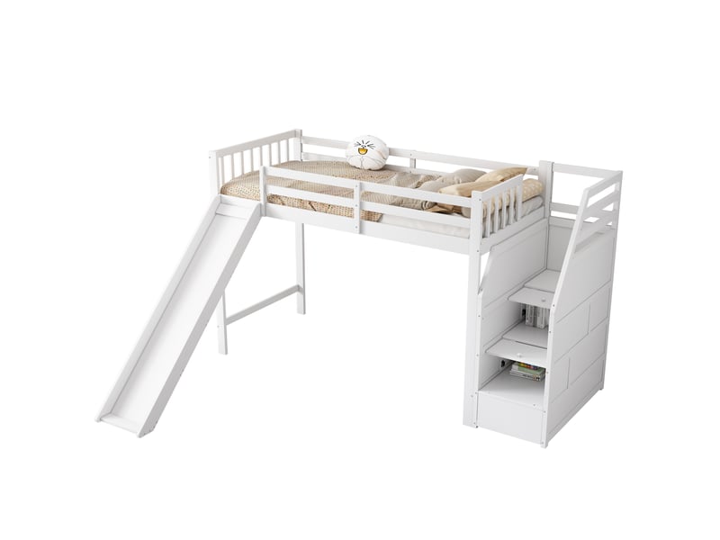  Modenvie lit mezzanine enfant 90x200 cm - avec toboggan, escalier de rangement, sans matelas - blanc  - Conforama A