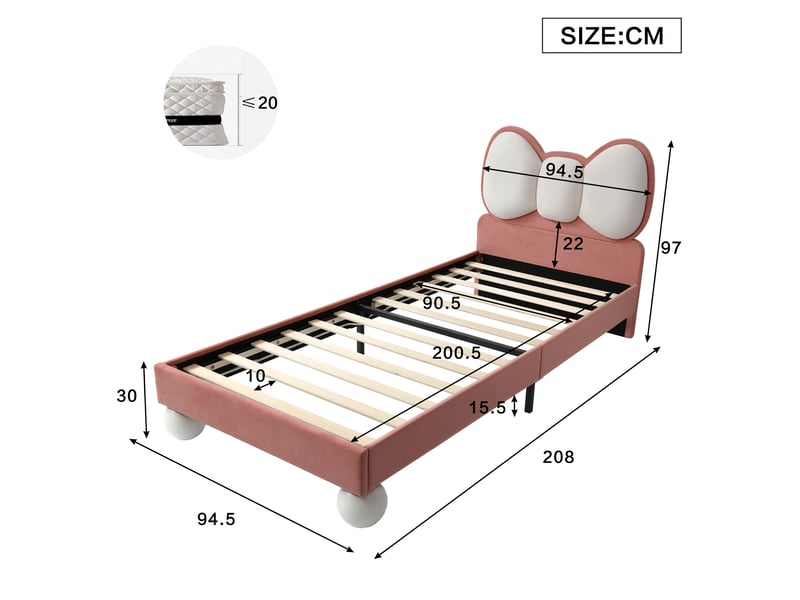 Lit enfant rembourré 90 x 200 cm avec led réglable, sommier à lattes, beige rose  - Conforama C