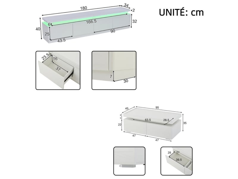 Ensemble meuble tv et table basse, esprit moderne et épuré, led intégrée, 4 tiroirs, laqué blanc brillant  - Conforama C