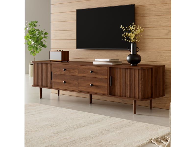  Meuble tv 165x40x46 cm, noyer en mdf, 4 tiroirs, 2 portes coulissantes, angles arrondis, large espace de rangement  - Conforama B