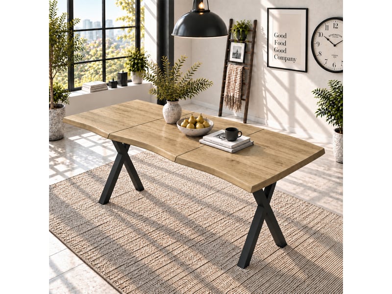 Table à manger 160x78x75 cm pour 4 à 6 personnes, plateau épais 28 mm à bord ondulé, table de salle à manger avec pieds en x métalliques, effet bois OPULERANE TRADING LTD - Conforama B