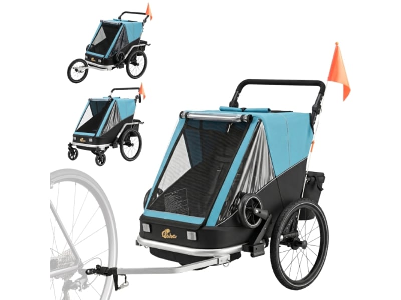 Remorque vélo enfant bleue 2 places, 2 en 1 pliable, siège réglable, harnais de sécurité - Conforama A