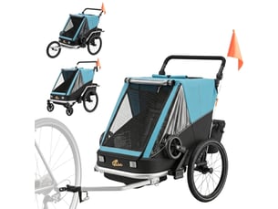 Remorque vélo enfant bleue 2 places, 2 en 1 pliable, siège réglable, harnais de sécurité