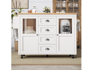 Îlot de cuisine blanc à roulettes, 2 portes, 4 tiroirs, plateau rabattable, 137,9 cm