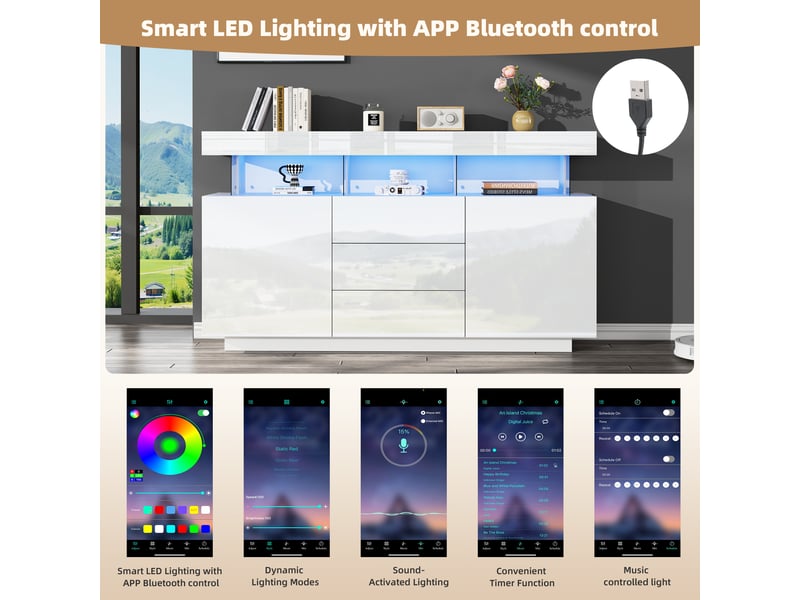 Buffet commode 140x35x80 cm -acrylique brillant avec bande led 16 couleurs -rangement spacieux pour salon-blanc ABC - Conforama E