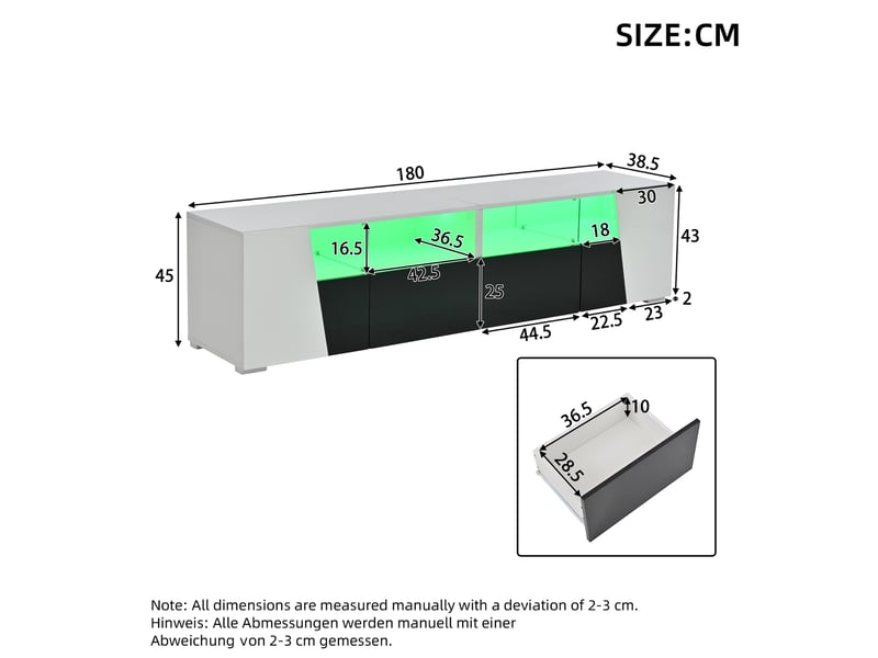 Ensemble meuble tv et buffet tcqpz 180 x 38,5 x 45 cm et 140 x 40 x 65 cm led contrôlée par application blanc et noir finition brillante  - Conforama D