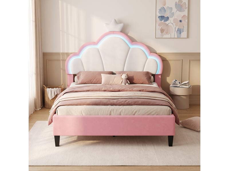  Lit enfantadolescent princesse avec tête de lit couronne &amp; led - 140x200 cm - rose &amp; velours blanc  - Conforama B
