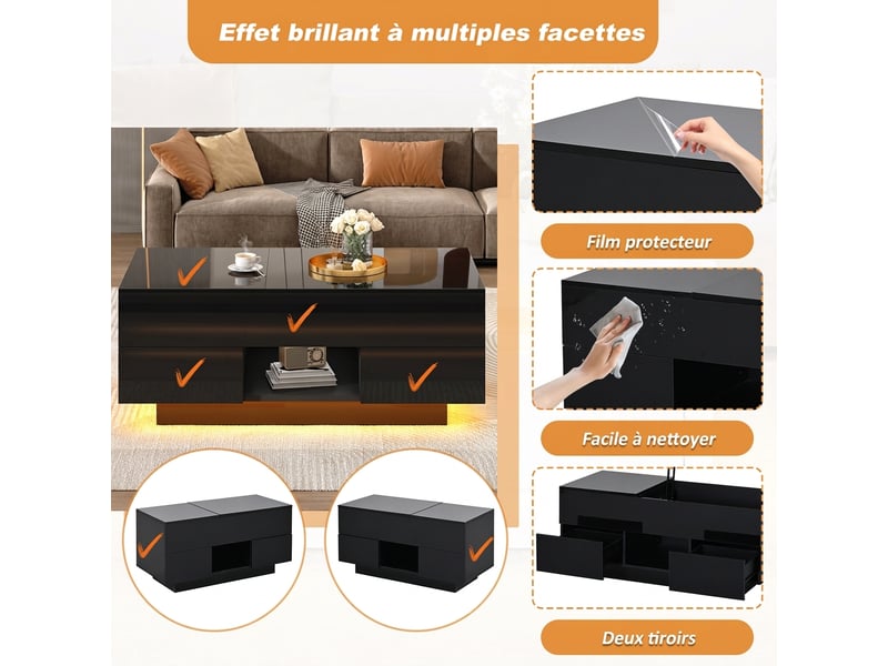  Table basse relevable avec éclairage led 100x45cm - rangement caché et deux tiroirs  - Conforama D